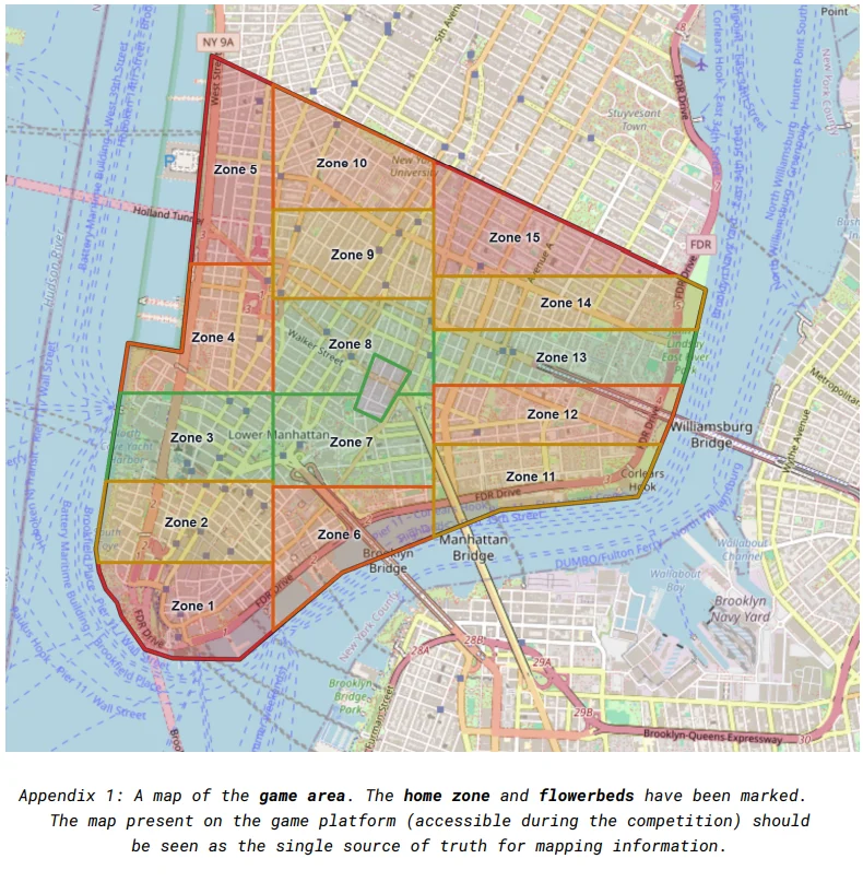 Map of the Dice Games competition area across Lower Manhattan and nearby neighborhoods.