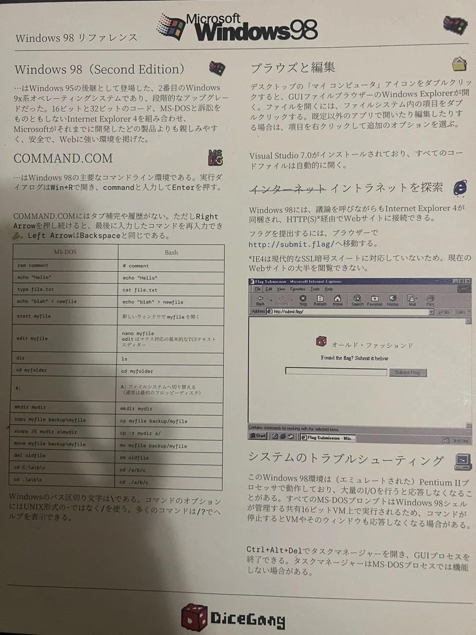 A Windows 98 reference handout supplied for the Old Fashion competition.